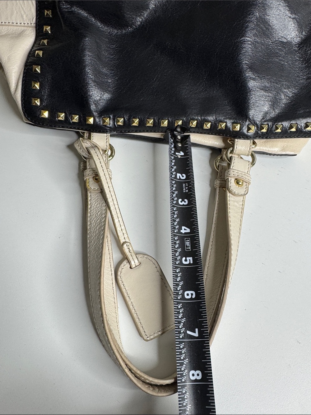 Badgley Mischka Studded Leather Satchel Tote Bag Black & Cream Colorblock - Picture 16 of 17